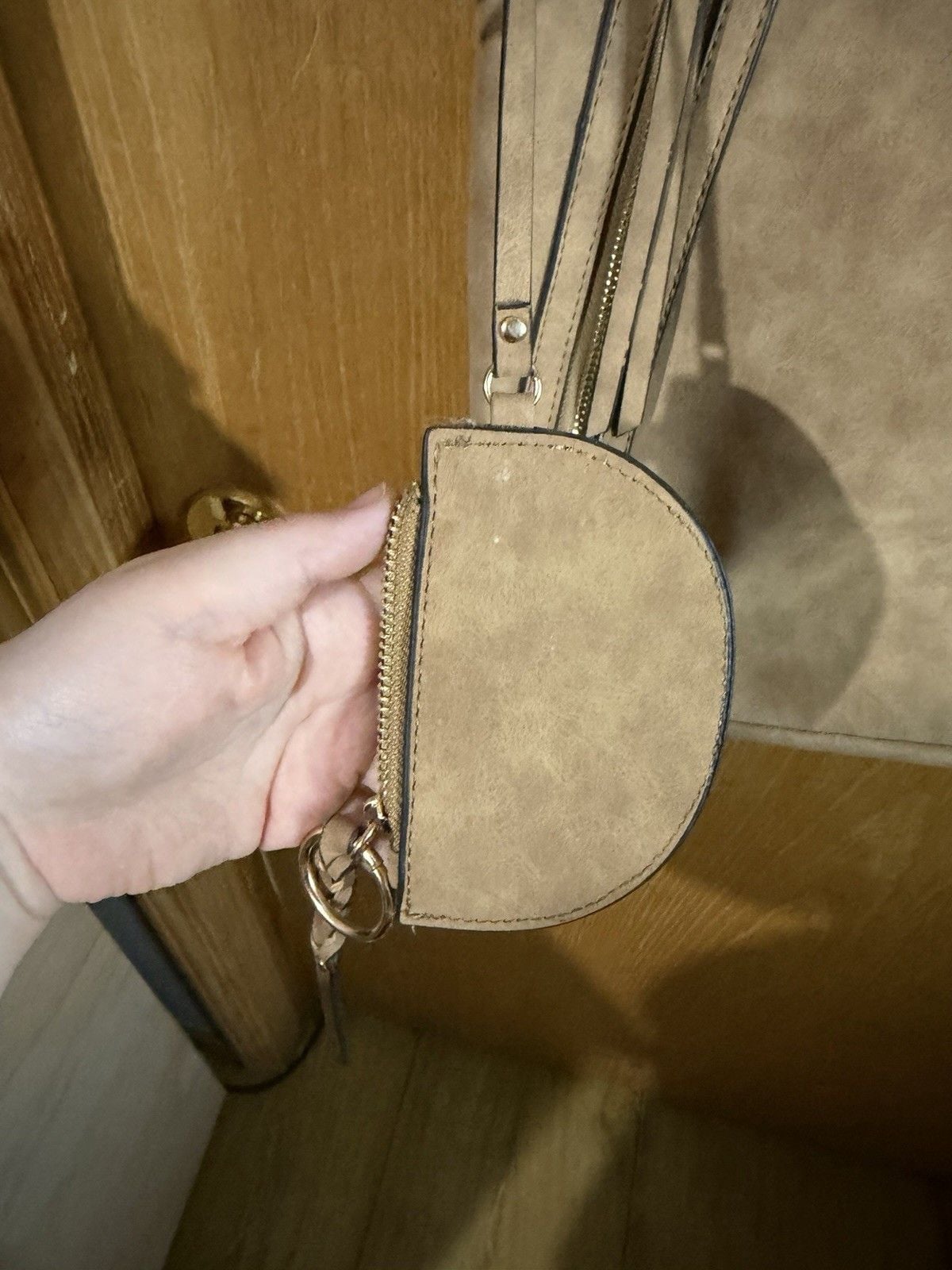 Women’s Beige Suede Crossbody Bag Fringe Tassels Zip + Coin Purse 3