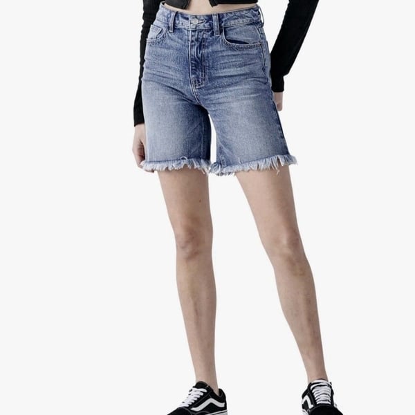 Cello Bermuda Denim Shorts Blue High Rise Frayed Hem Pockets Size L
