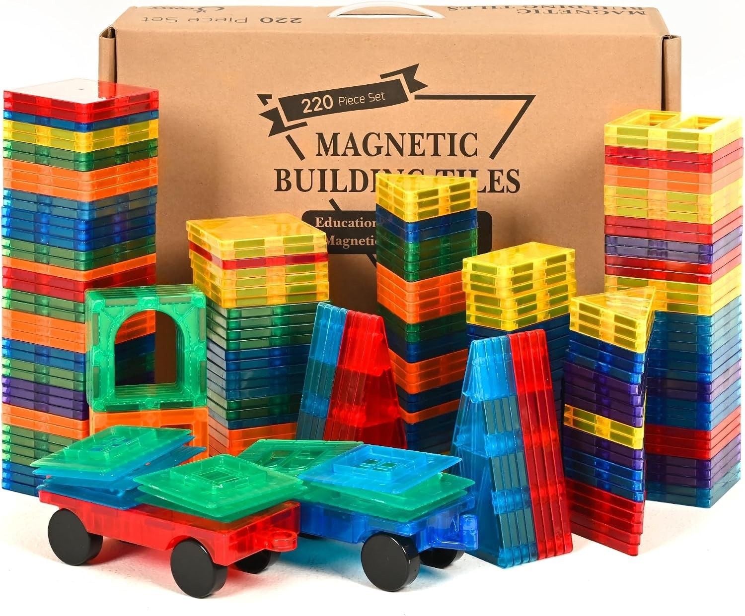 220 Pcs Magnetic Tiles, 3D Magnetic Blocks Set with 2 Cars, STEM Toys 1