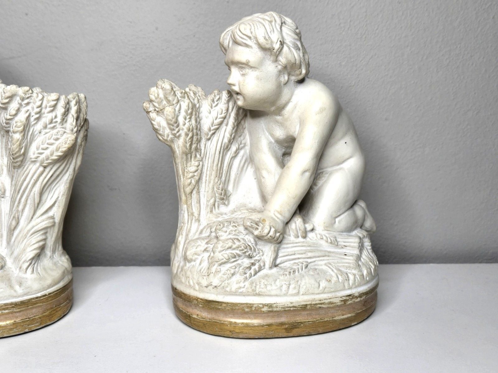Vintage BORGHESE Niepolds ~ Chalk Putti Bookends ~ Cherubs Harvesting Wheat 6