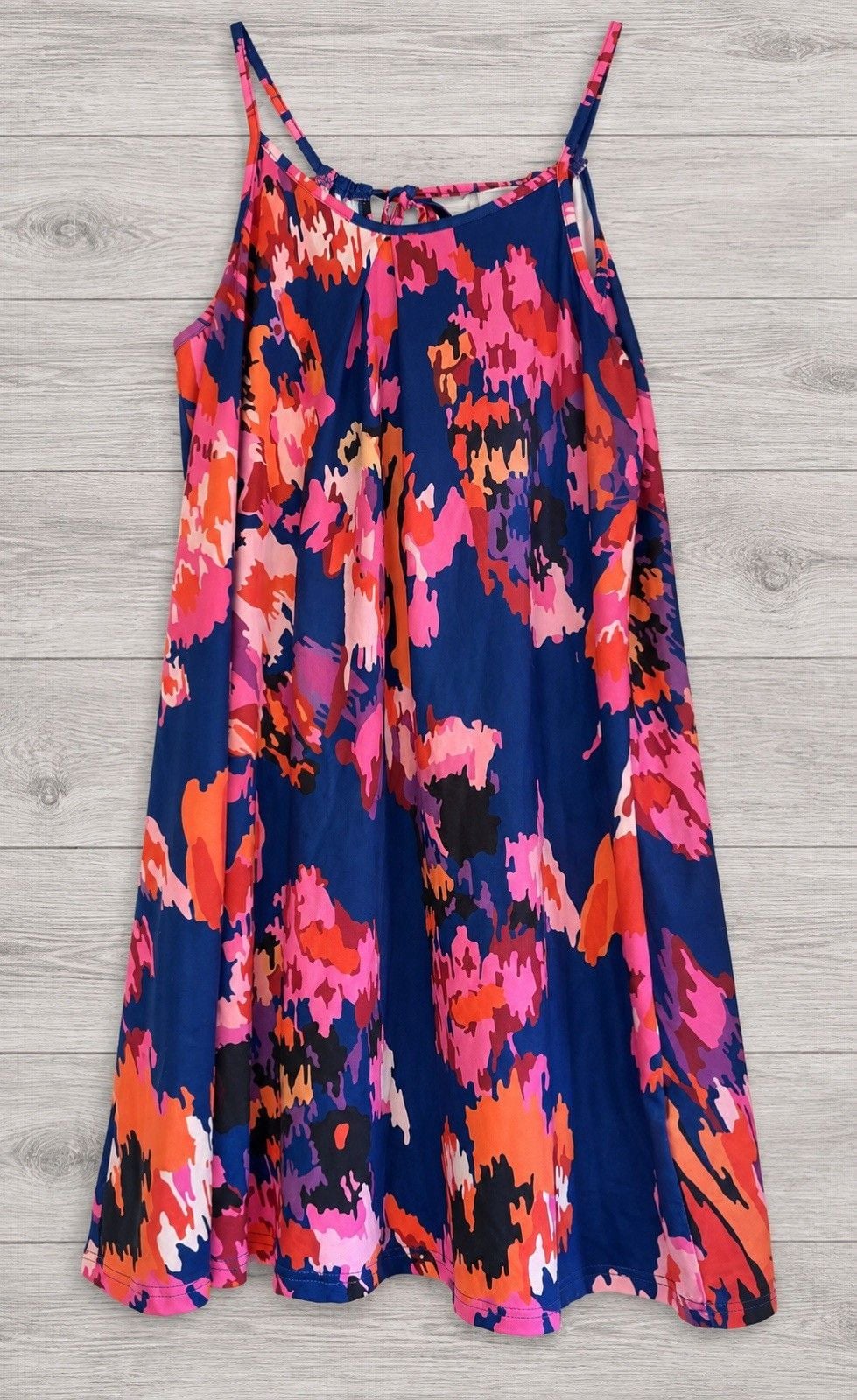 Womens M Navy Multicolor Abstract Floral Swing Dress Tie Back Sleeveless 4