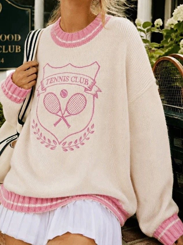 Fantastic Fawn Tennis Club Graphic Knit Crewneck Pullover Sweater Pink/White S 3