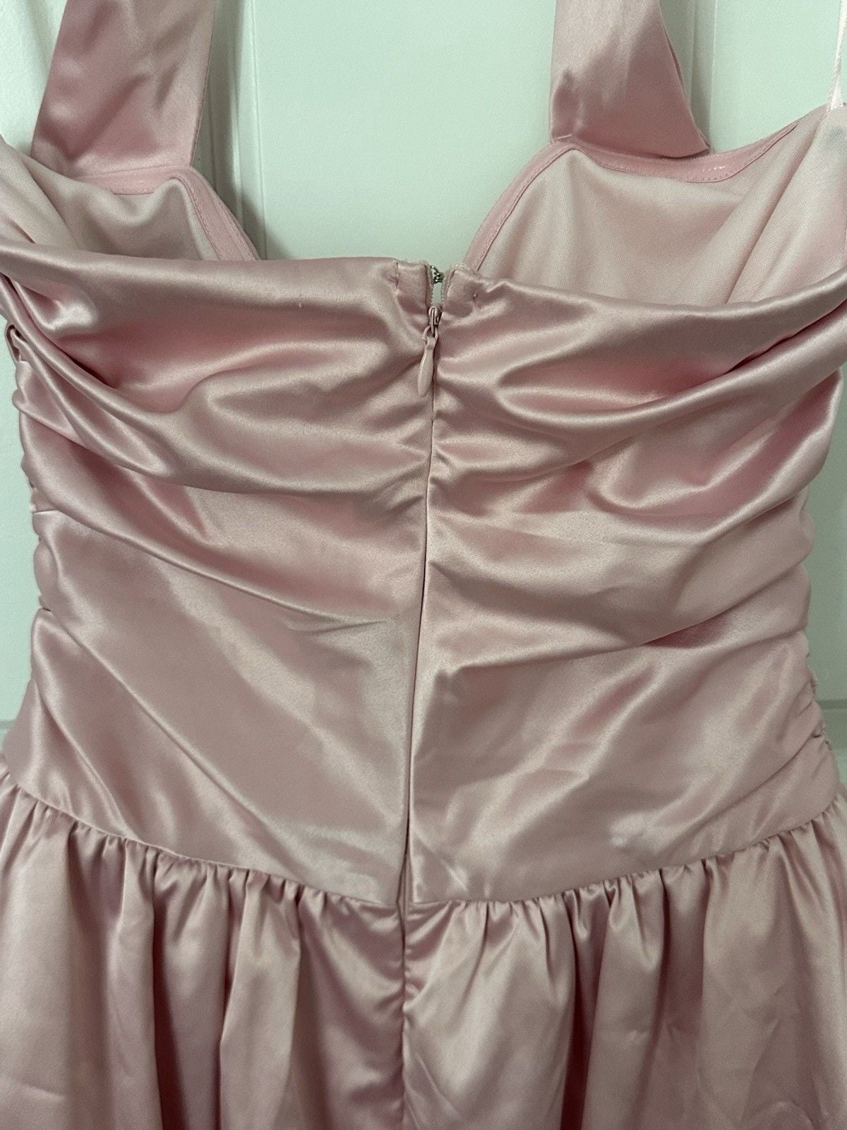 Angel Biba Pink Satin Ruched Halter Mini Dress XS Bow Accent Zip Closure 9