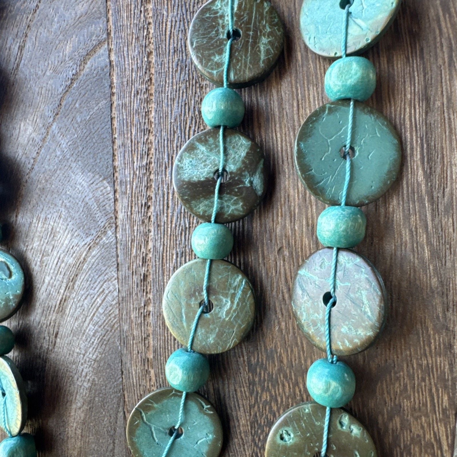 Dyed Coconut Shell Disc Multi Strand Turquoise Necklace Boho Hippie Beach Summer 7