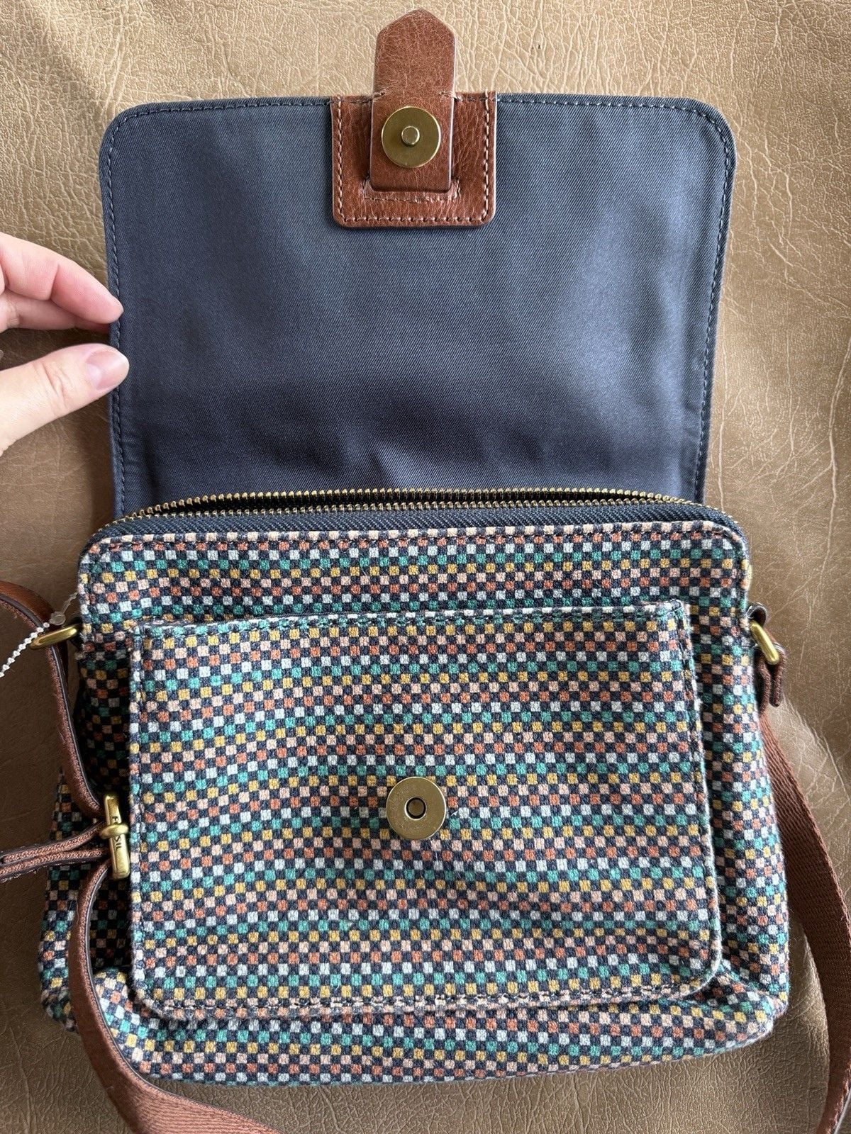 Fossil Women's Crossbody Bag Brown Leather Multicolor Checkered Accent 7
