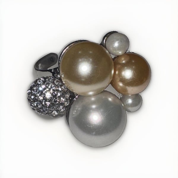 Cocktail Ring Adjustable Chunky Cluster Crystal Simulated Pearl Silver Tri Tone