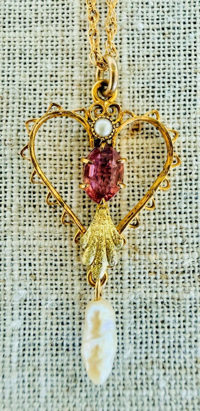Antique Art Nouveau 12K GF Heart Lavalier Necklace Pink Stone Natural Pearl 12