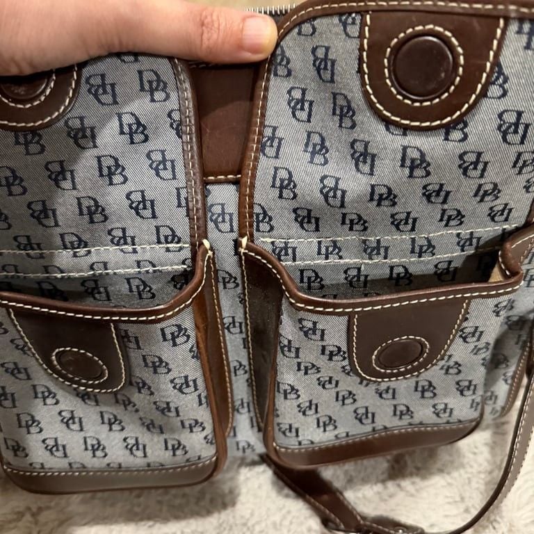 Authentic Dooney & Bourke Signature Handbag with Leather Trim Double Pocket Satchel 9