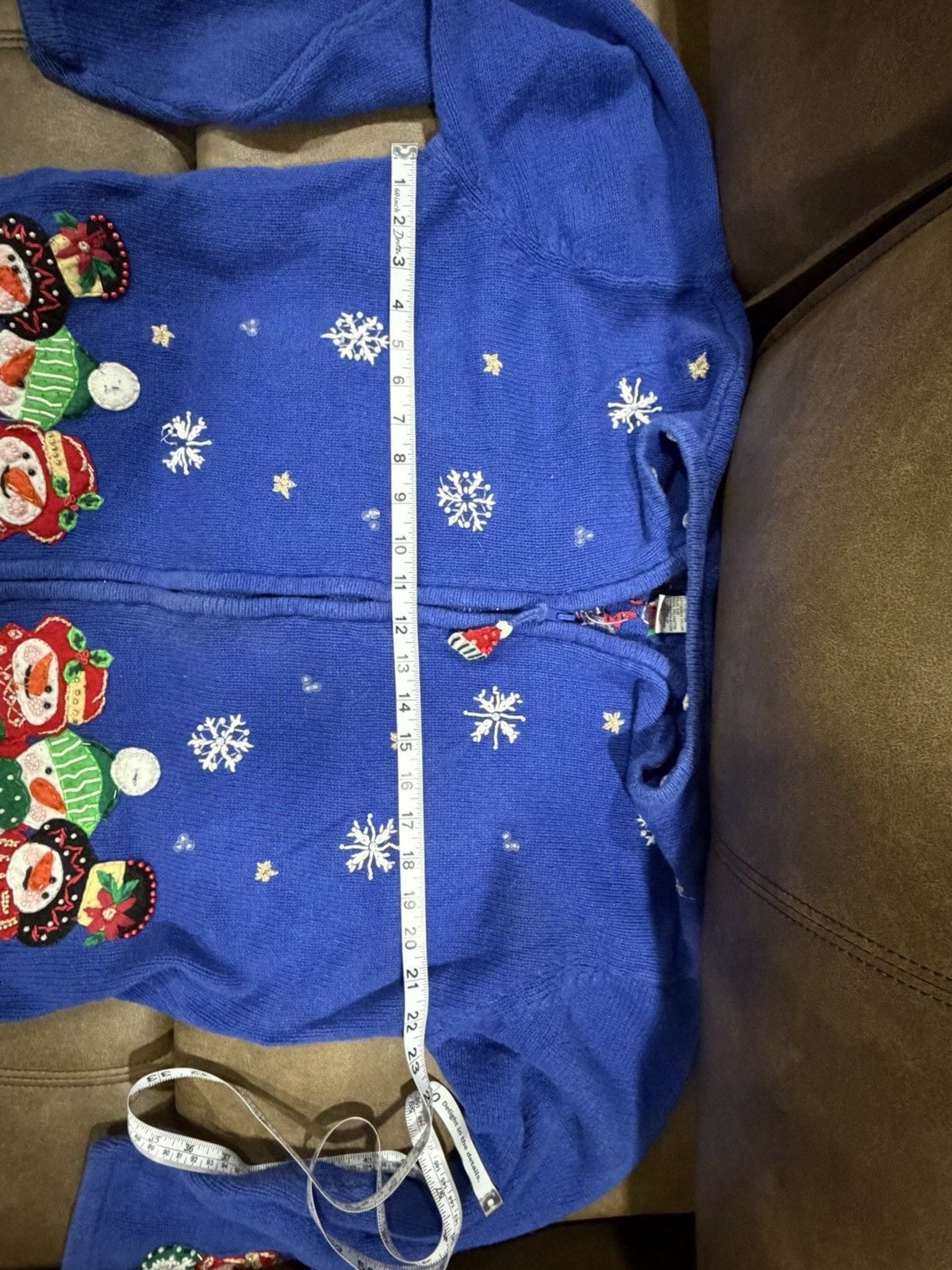 vintage heirloom collectibles Snowman Christmas Cardigan Sweater Blue Zip Sz L 11