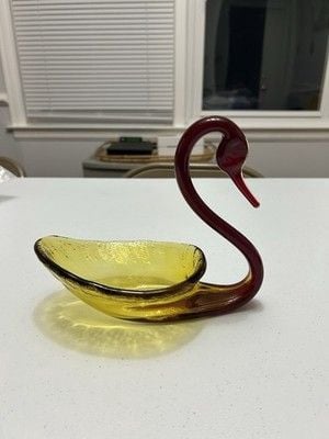 Fostoria Blown Art Glass Red and Amber Swan Candy Dish 1