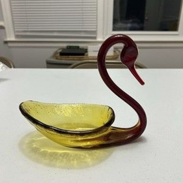 Fostoria Blown Art Glass Red and Amber Swan Candy Dish