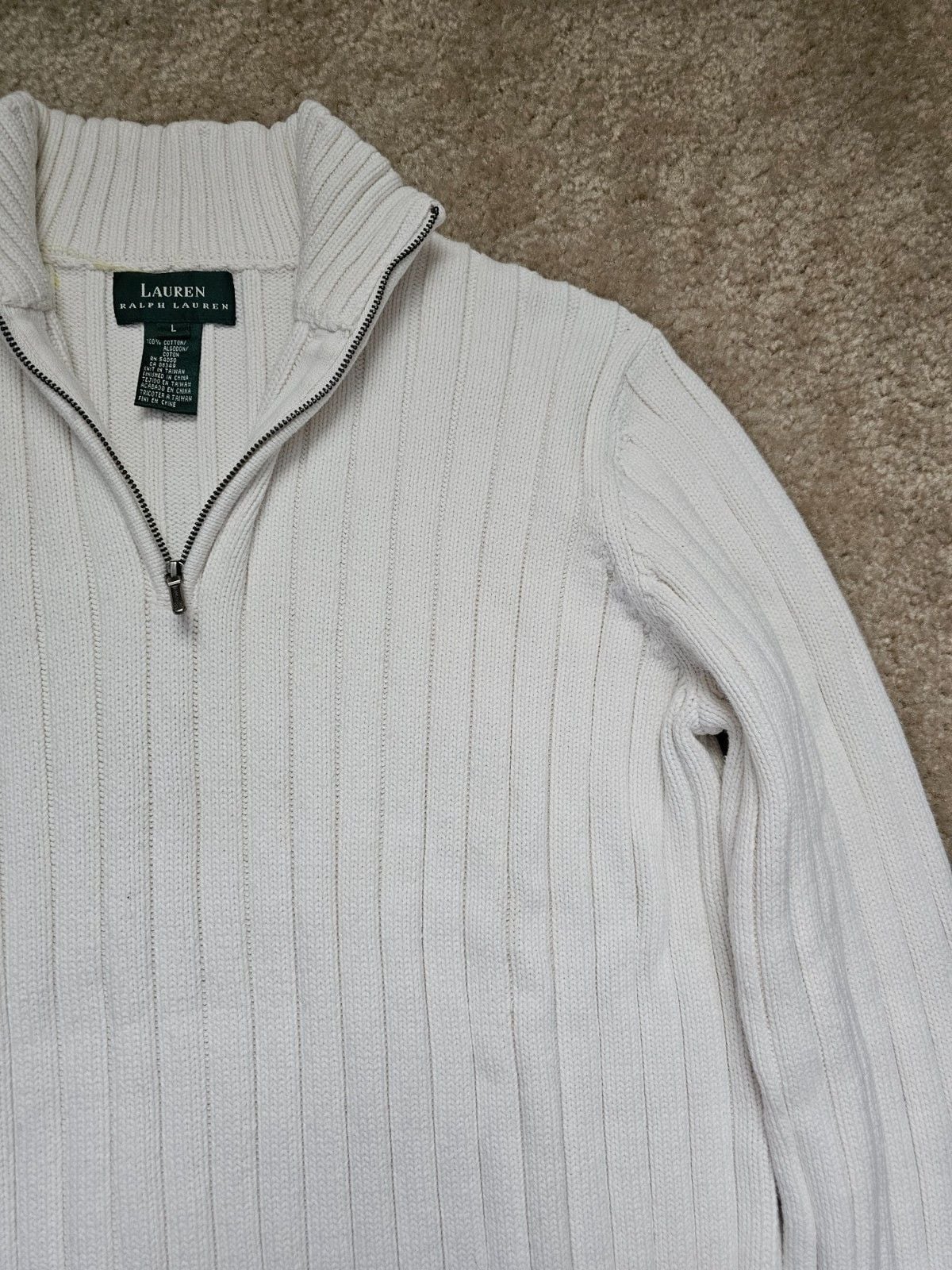 Lauren Ralph Lauren Women L White Ribbed Cotton 1/4 Zip Mock Neck Sweater 4