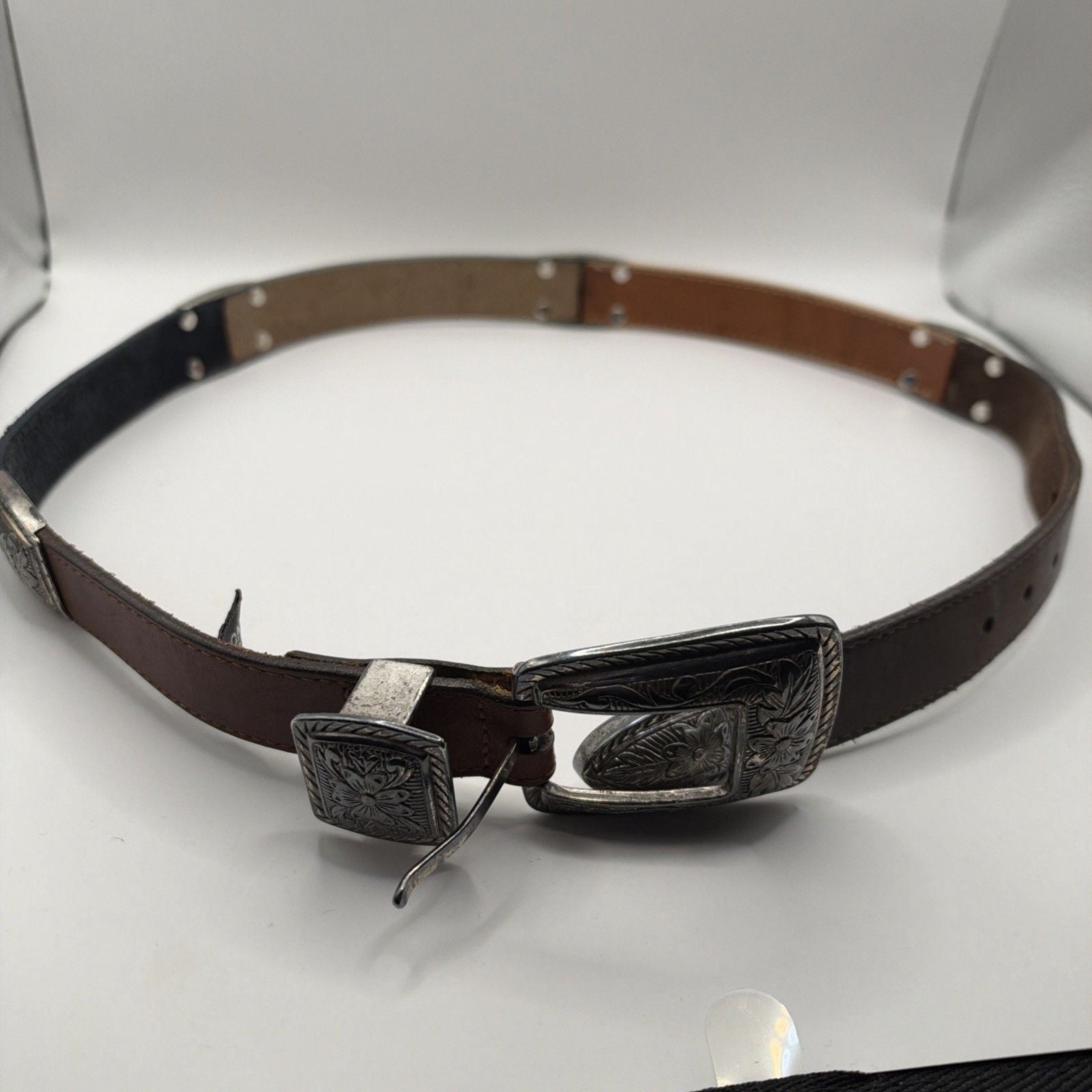 Brighton S4560 1994 woman's brown black leather belt ~ Length 34” ~ Made in USA 7