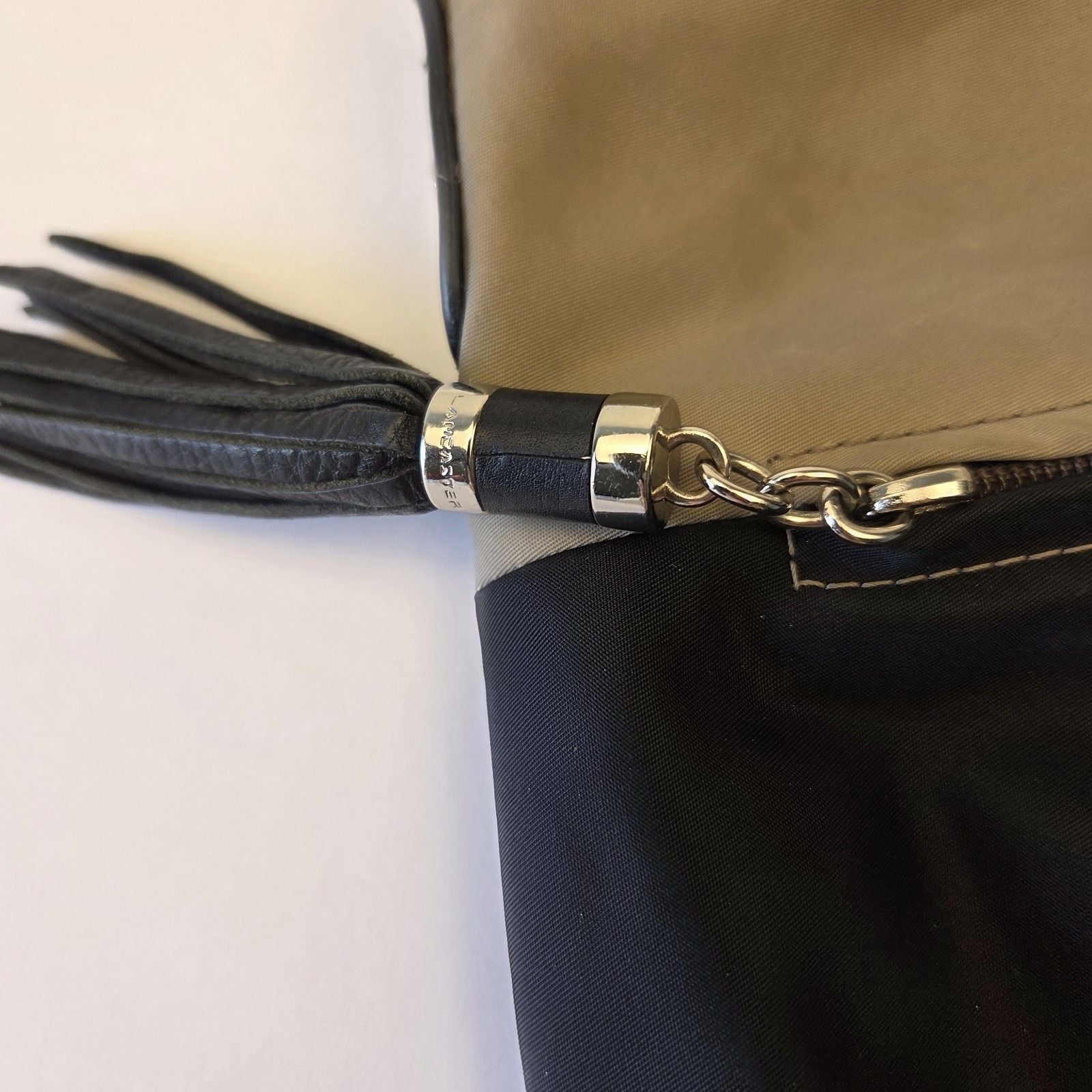 Lancaster Paris Basic Pompon Nylon Hobo Crossbody Bag Black Taupe 7
