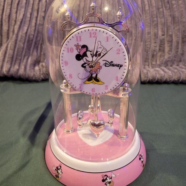 Disney Minnie Mouse Anniversary Clock Glass Dome Pink Ceramic Base