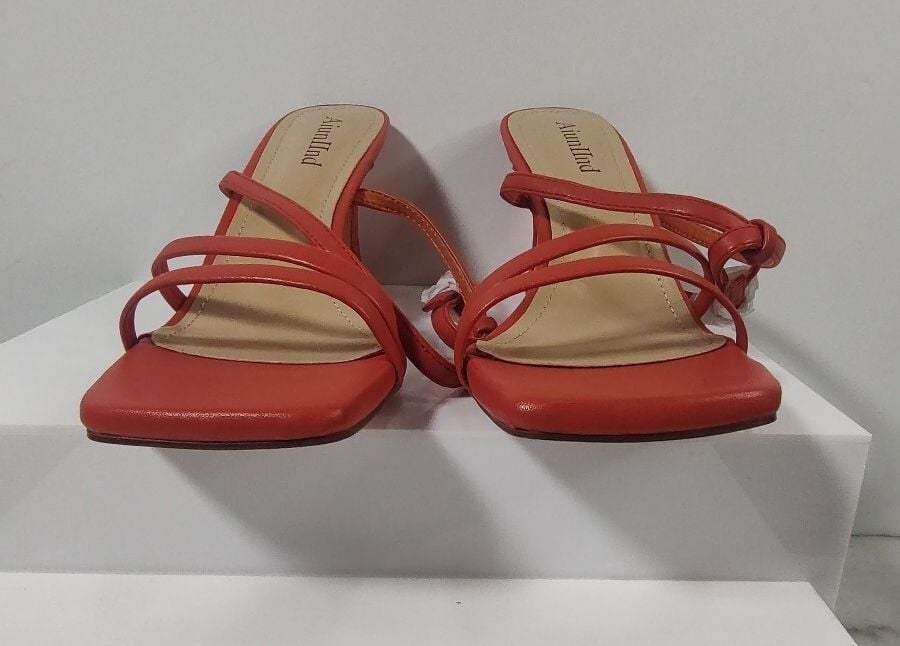 Aiunlind Orange Womens 2.5 in Kitten Low Heel, Strappy Square Open Toe, Size 8.5 5