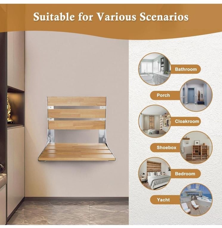 18" Folding Teak Shower Seat Wall Mounted, Fold Down Shower Bench for Indoor Shower, Home Care Bath Safety Furniture, ADA Compliant, Clear Coated for 4