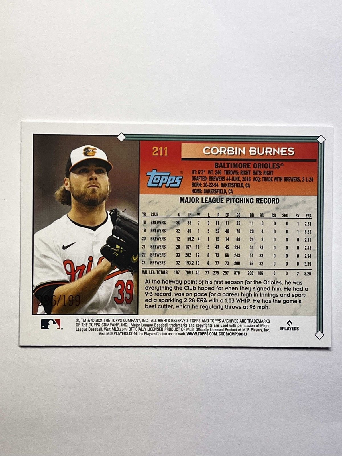 2024 Topps Archives Corbin Burnes #211 Refractor /199 Baltimore Orioles 2