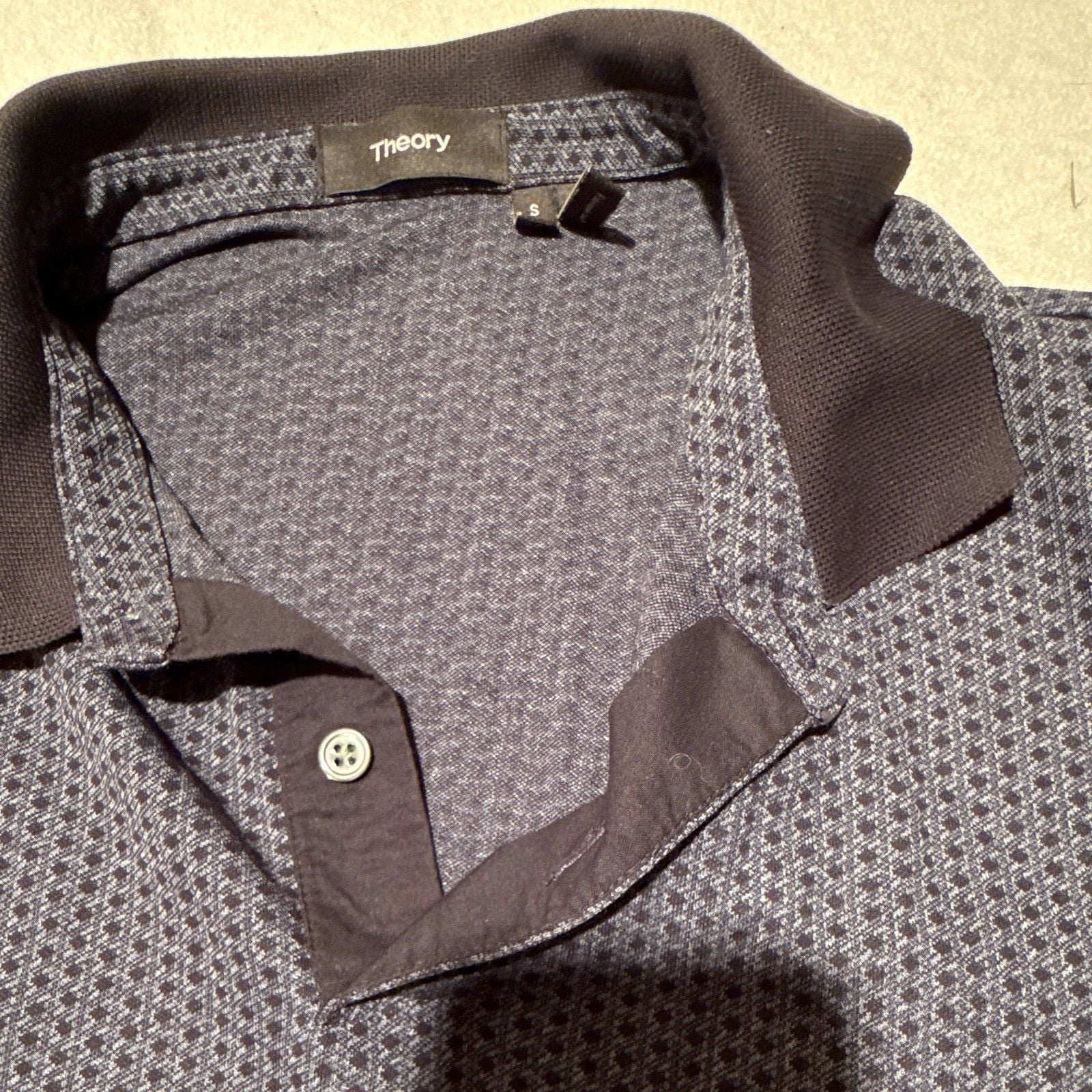 Theory Men's S Blue Geometric Short Sleeve Knit Polo Shirt Contrast Collar 4
