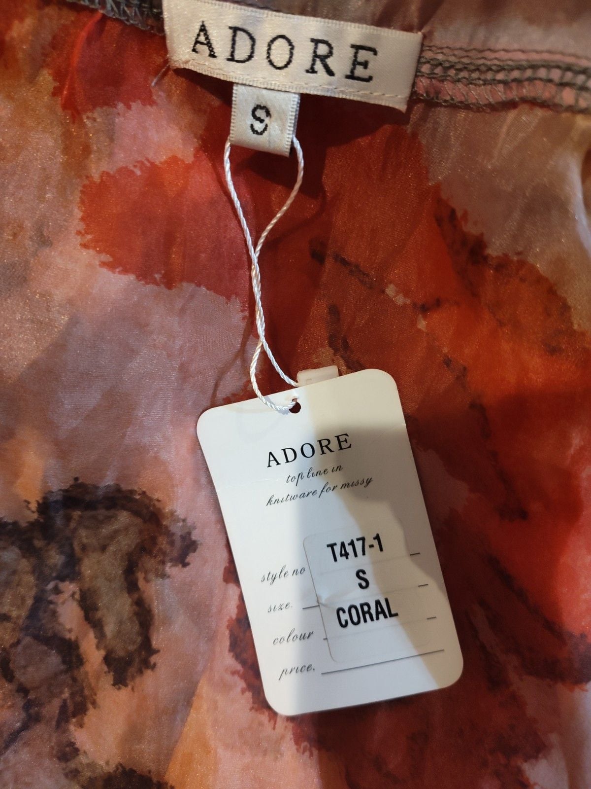 NWT Beautiful ADORE Sheer Open Front Watercolor Shimmer Coral Duster Jacket Sz S 7