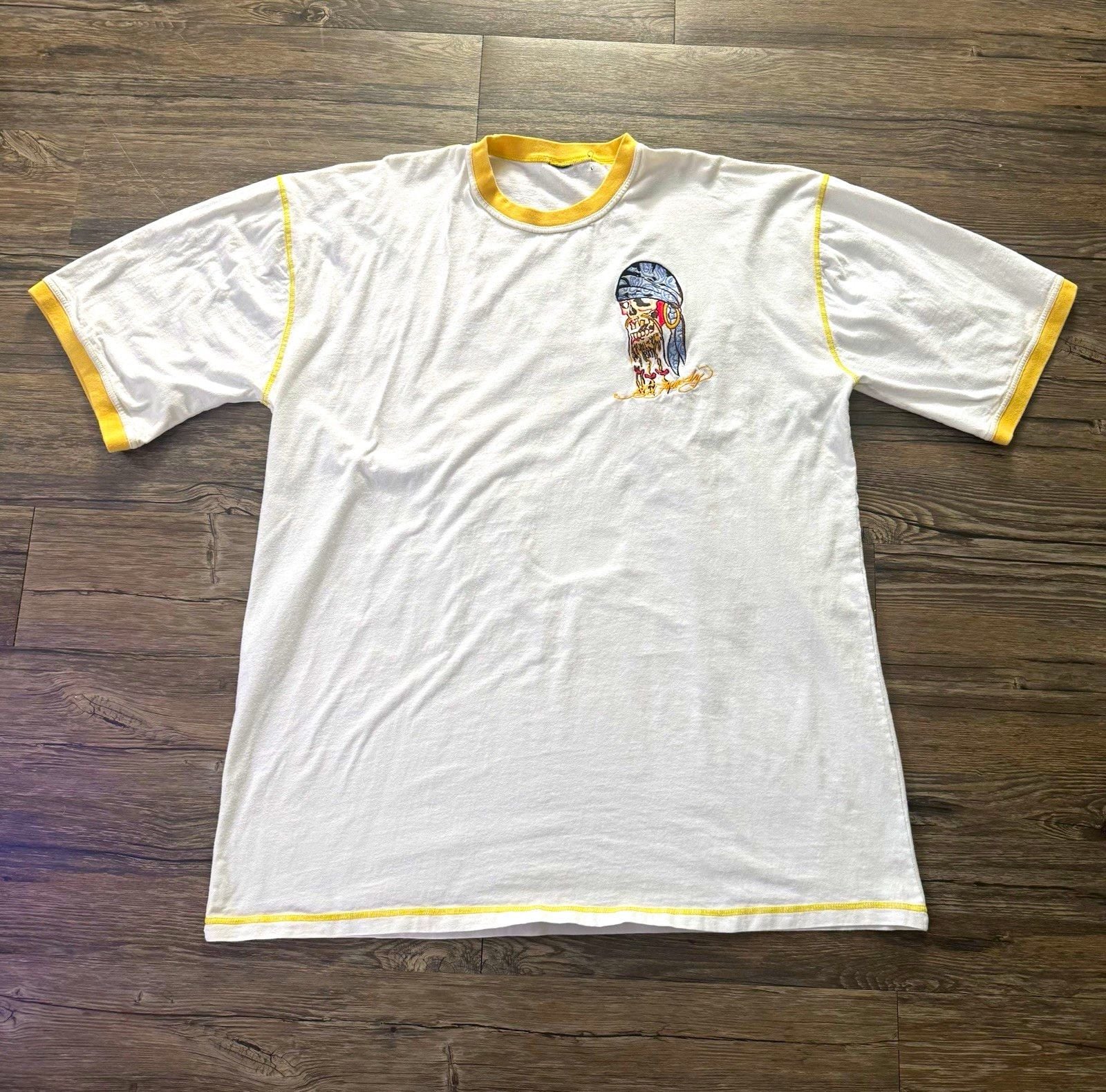 Ed Hardy Mens Ringer T-Shirt White/Yellow Embroidered Skull Graphic Tee L 2