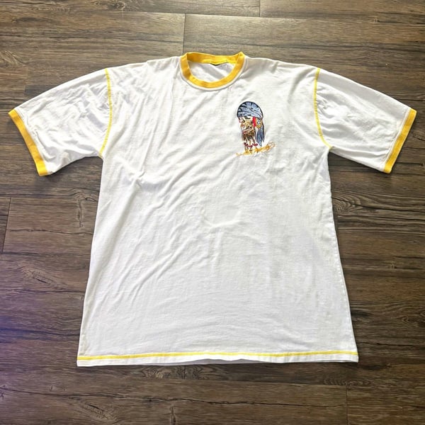 Ed Hardy Mens Ringer T-Shirt White/Yellow Embroidered Skull Graphic Tee L