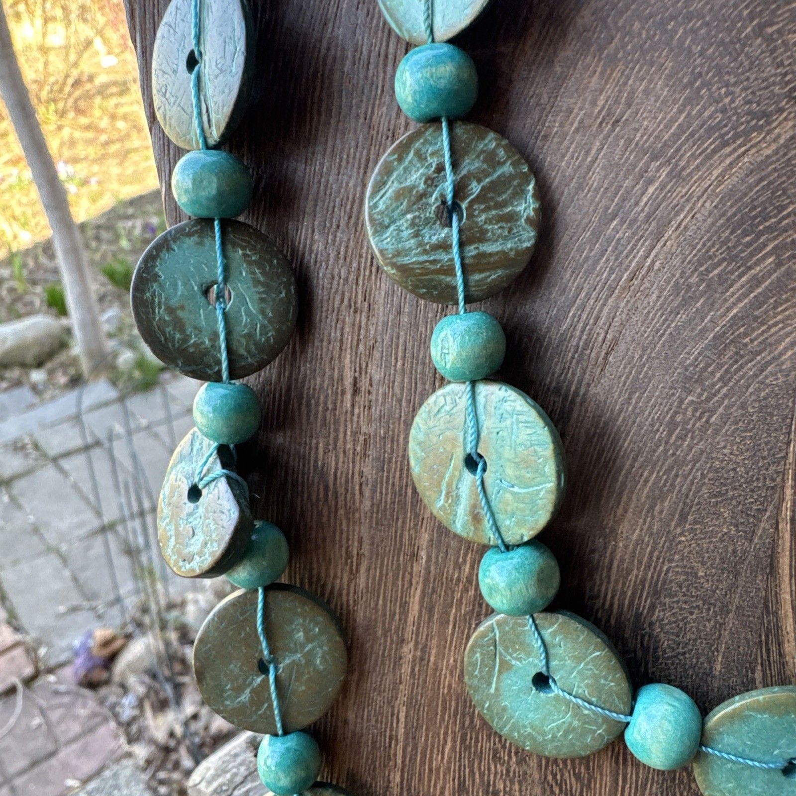 Dyed Coconut Shell Disc Multi Strand Turquoise Necklace Boho Hippie Beach Summer 5