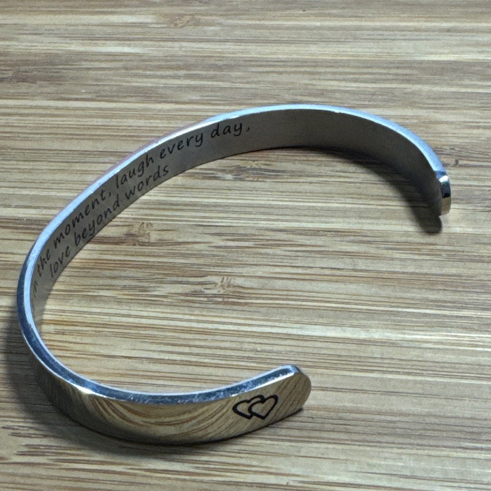 Stainless Steel Inspirational Cuff Bracelet Live Laugh Love Double Heart 5
