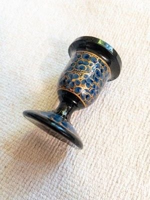 Vintage Kashmiri Paper Machê Candle Holder Hand Painted Lacquer Blue Gold Floral 1