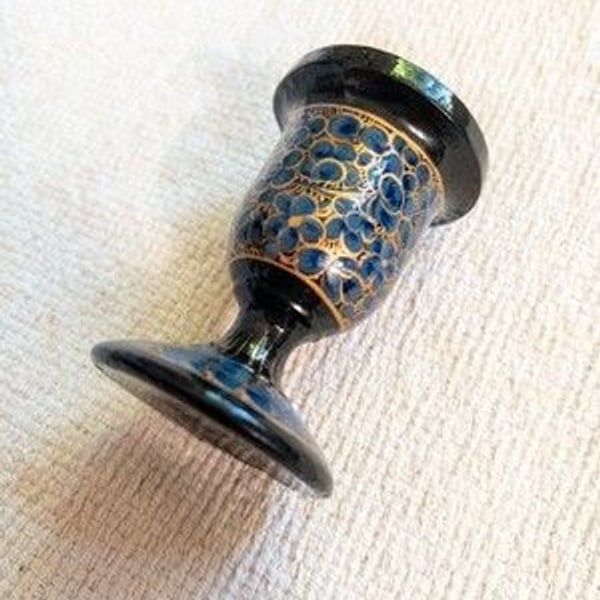 Vintage Kashmiri Paper Machê Candle Holder Hand Painted Lacquer Blue Gold Floral