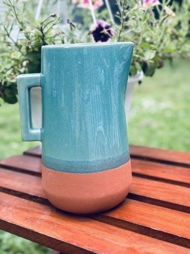 NOS New York Stoneware Handmade Turquoise & Terracotta Drink Pitcher 10” Tall 10