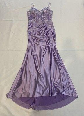 Satin Slit Lace-Up Formal Dress Deep V-Neck and Shimmering Lace Size Medium 5