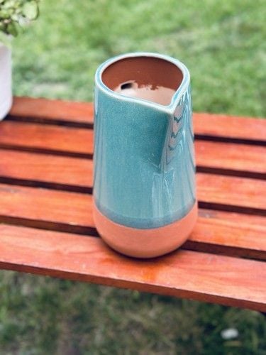 NOS New York Stoneware Handmade Turquoise & Terracotta Drink Pitcher 10” Tall 11