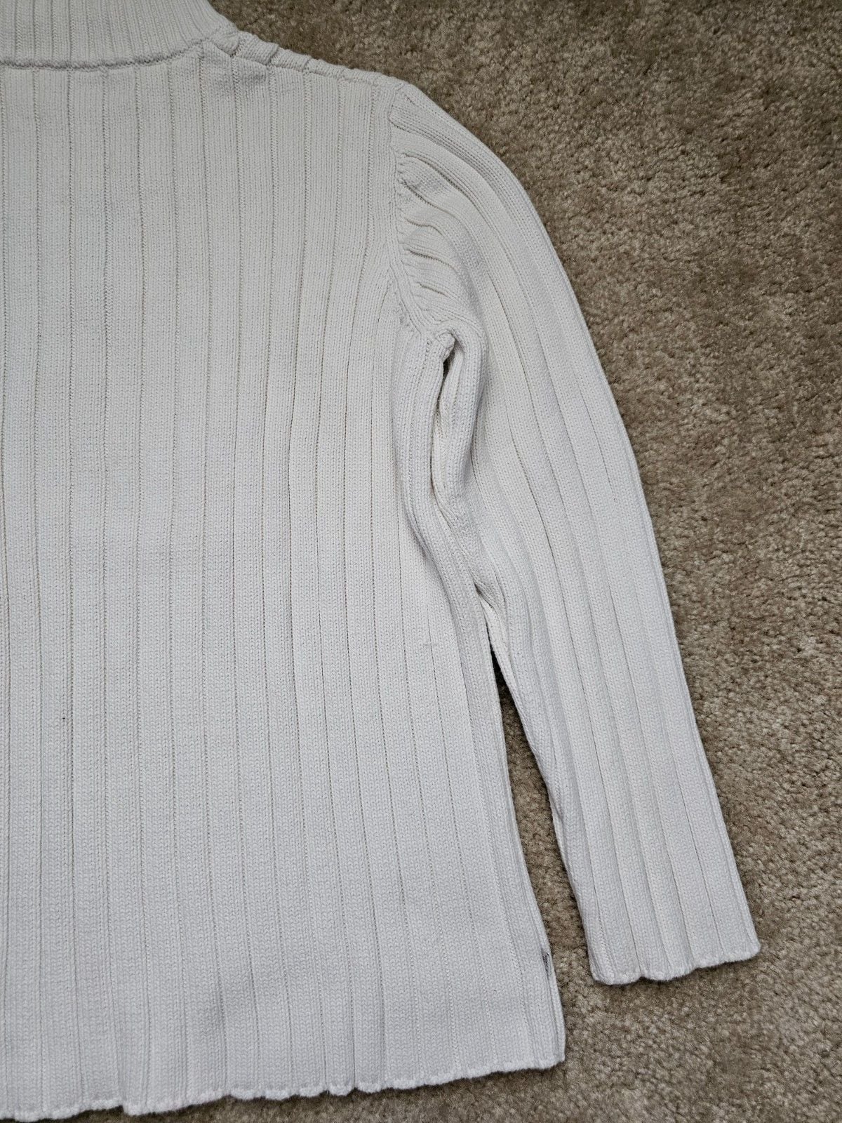 Lauren Ralph Lauren Women L White Ribbed Cotton 1/4 Zip Mock Neck Sweater 9