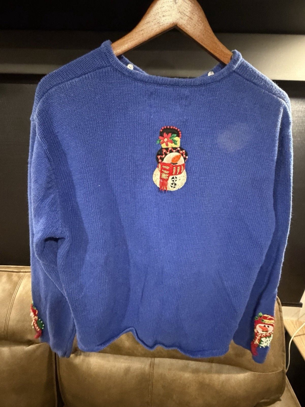 vintage heirloom collectibles Snowman Christmas Cardigan Sweater Blue Zip Sz L 9