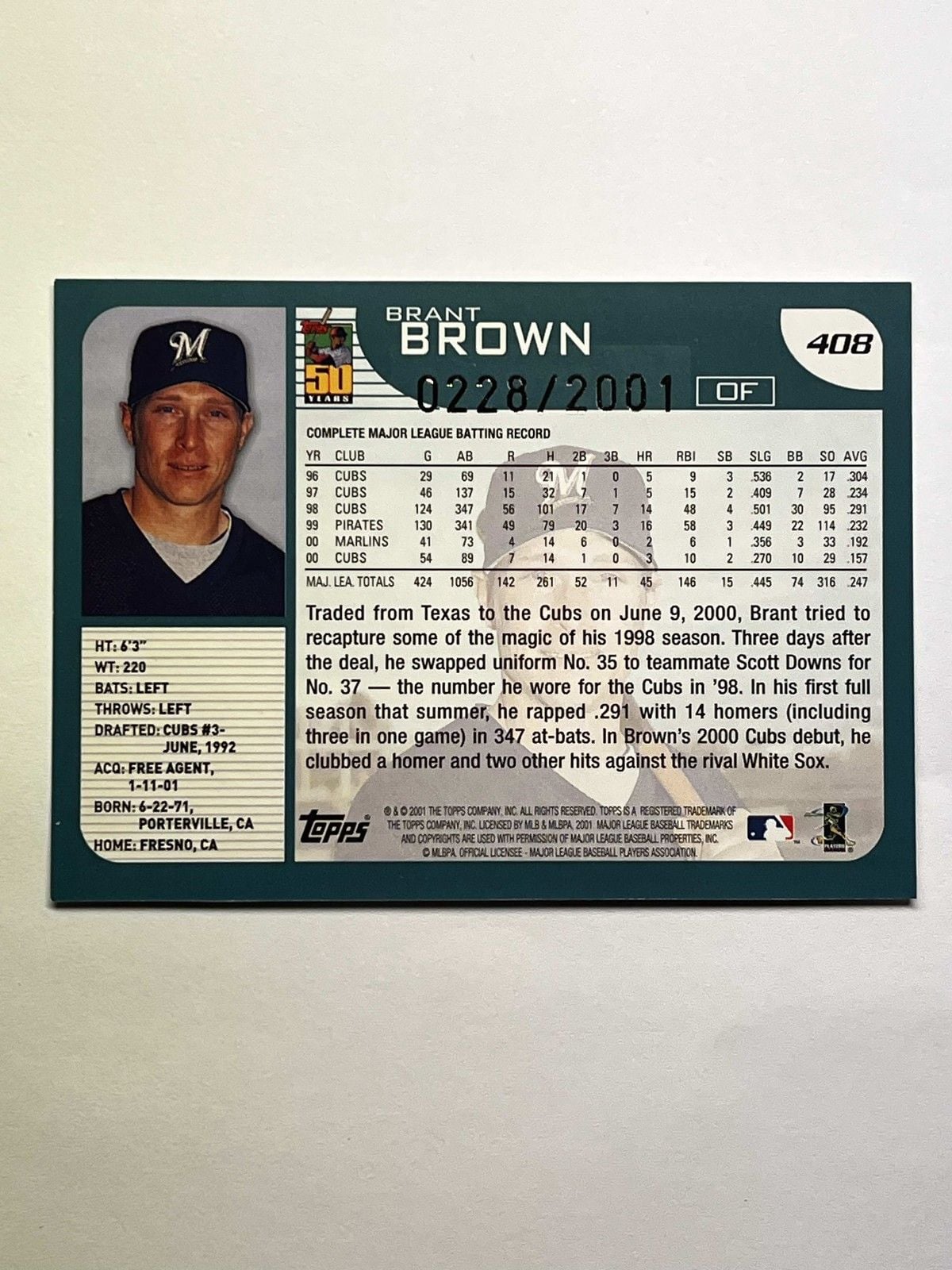 2001 Topps 50Th Anniversary Brant Brown #408 Gold Foil /2001 Milwaukee Brewers 2