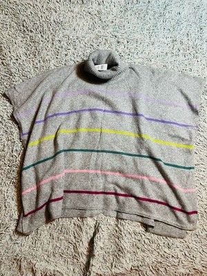 LOFT Oversized Soft & Cozy Gray Striped Turtleneck Poncho Sweater Medium Large 2