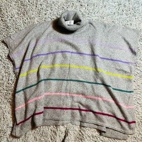 LOFT Oversized Soft & Cozy Gray Striped Turtleneck Poncho Sweater Medium Large