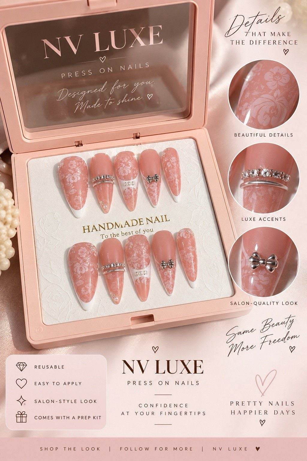 Reusable Pink Press On Nails Size L Long Almond Lace Bow Rhinestone 10pc Set 2