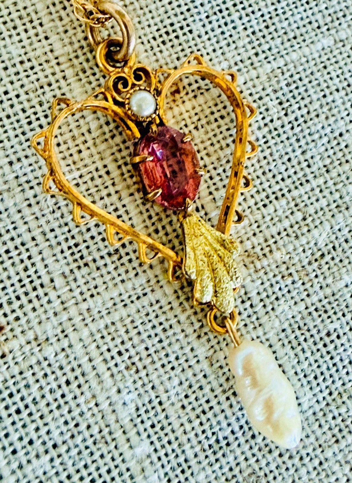 Antique Art Nouveau 12K GF Heart Lavalier Necklace Pink Stone Natural Pearl 10
