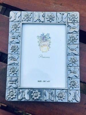 VTG NOS Amora Signed Pewter Butterfly Sunflower Geometric Picture Frame 3.5 x 5” 3
