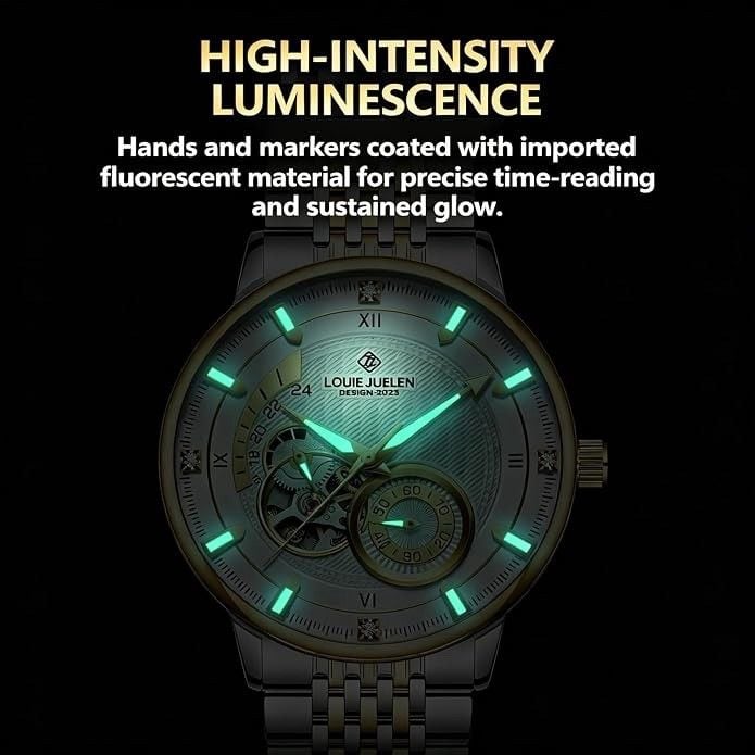 Louie Juelen Men Automatic Skeleton Watch Green Dial Two-Tone Gold Silver Steel 6