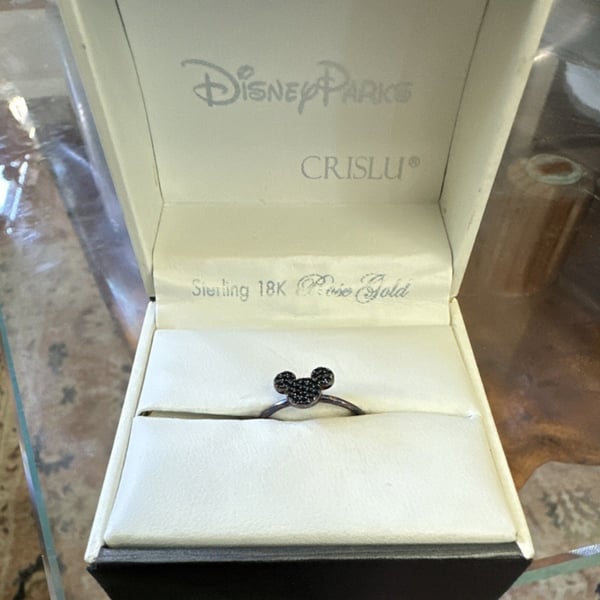 Disney Parks CRISLU Sterling 18K Rose Gold Mickey Mouse Ring Black Round Stone