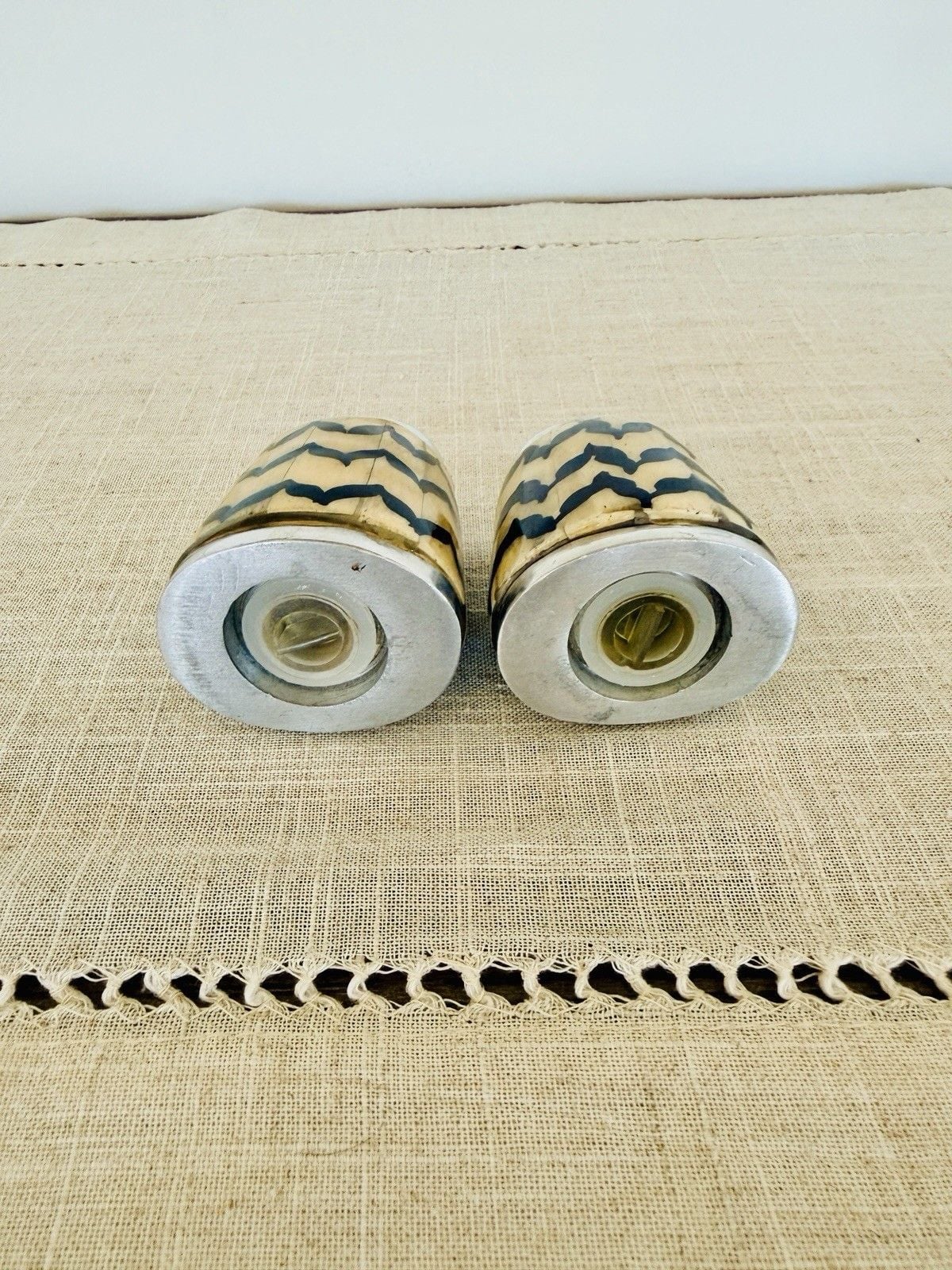 Vintage Bone Inlay Salt Pepper Shakers Chevron Black Cream Silver Tone Boho 6