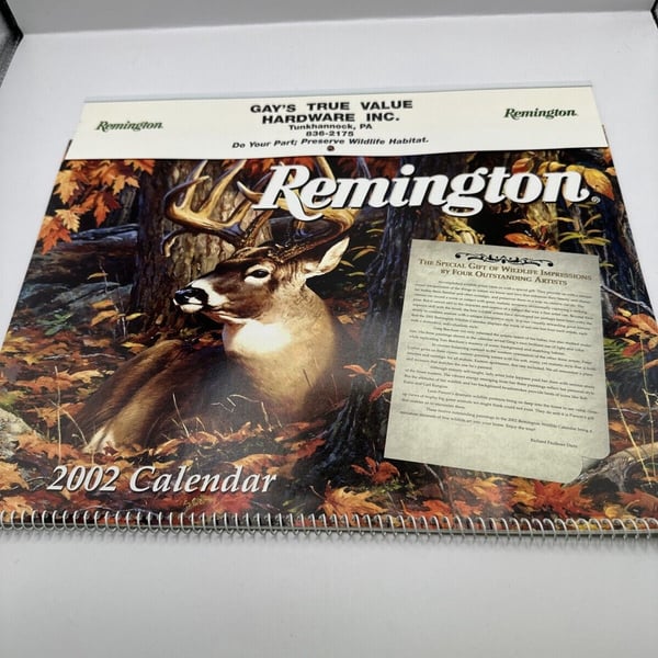 Vintage 2002 Remington Hunting Calendar Gays True Value Tunkhannock Pa Deer