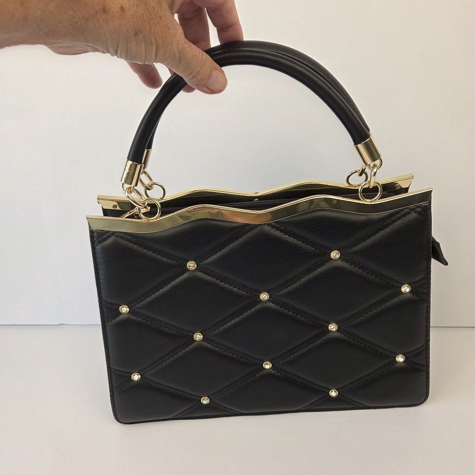 Grossi Black Quilted Rhinestone Handbag Purse Wavy Gold Frame Vintage 10