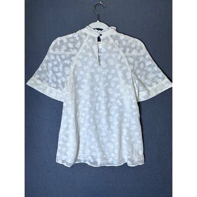 Anthropologie Feather Bone XS White Clip Dot Feminine Ruffle Neck Blouse Boho 8