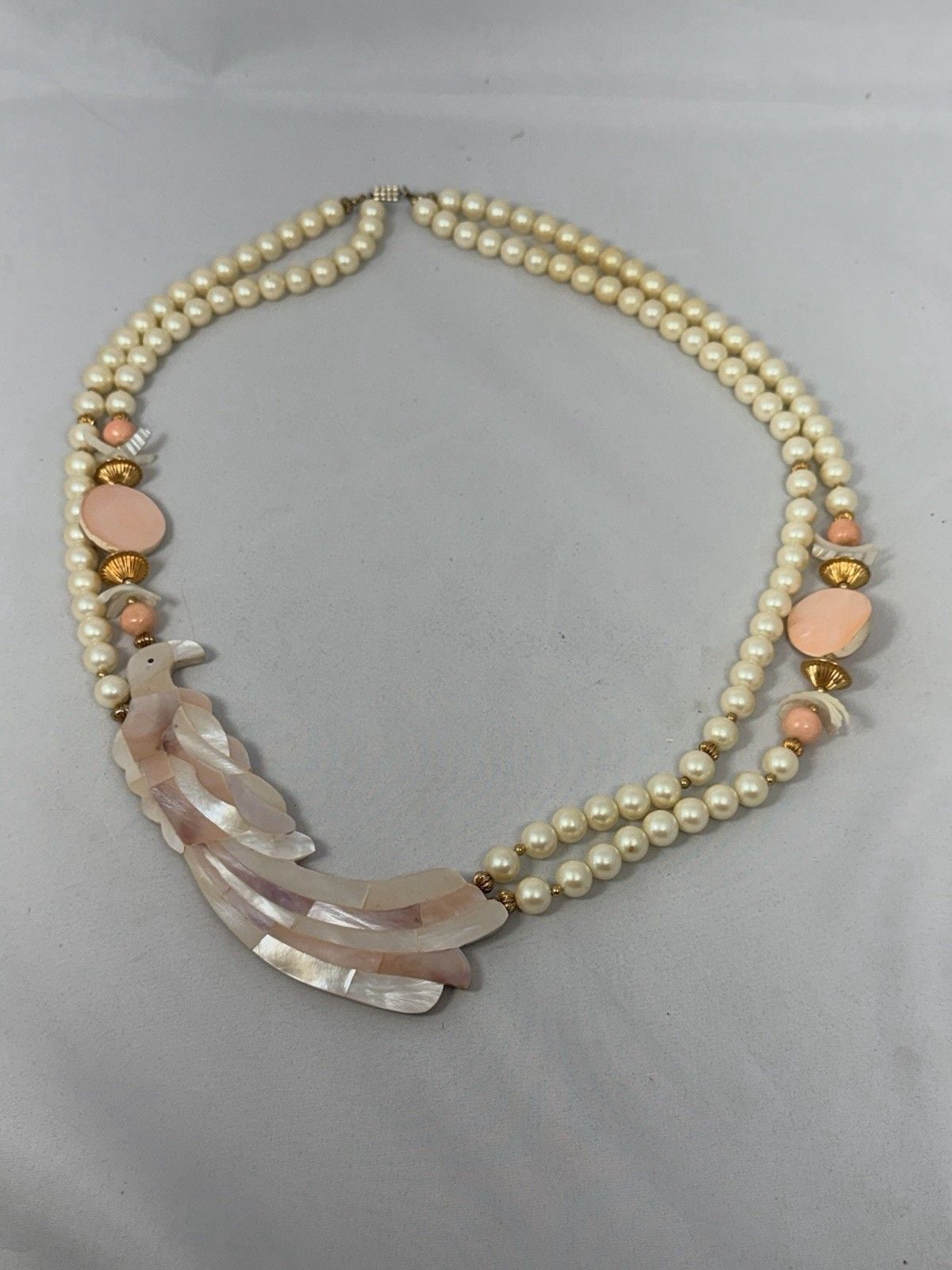 Vtg Mother Of Pearl Carved Bird Statement Necklace Faux Pearl Coral Multi Strand 7