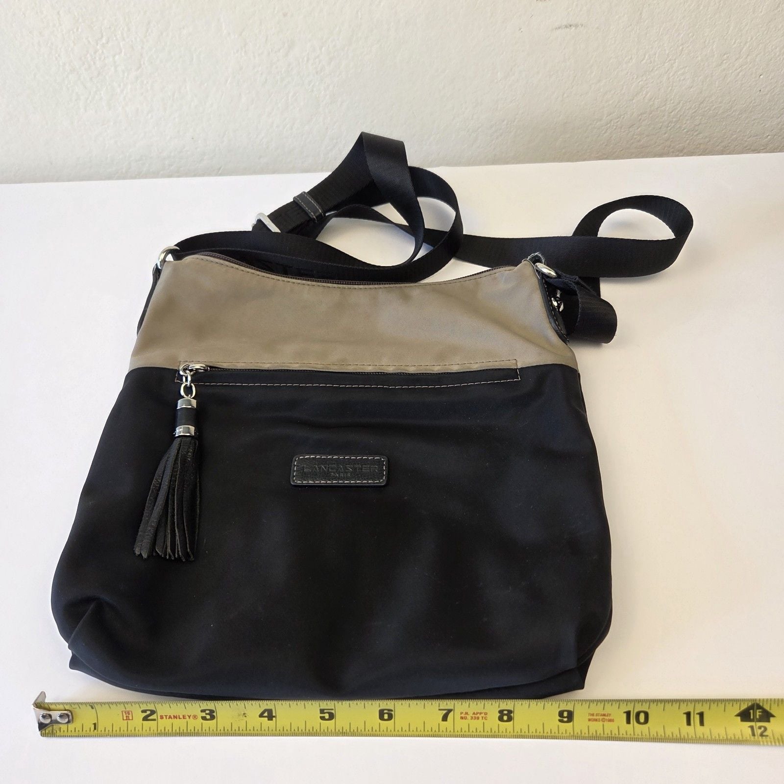 Lancaster Paris Basic Pompon Nylon Hobo Crossbody Bag Black Taupe 9