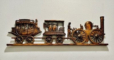 Vintage 1971 Large 33” Freight Train w/People Aboard The Train Copper Tone Art 1